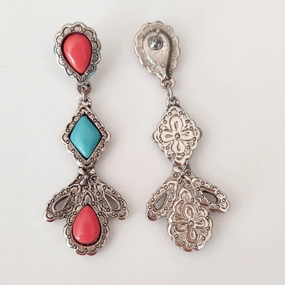Coral and turquoise beaded earrings with silver base